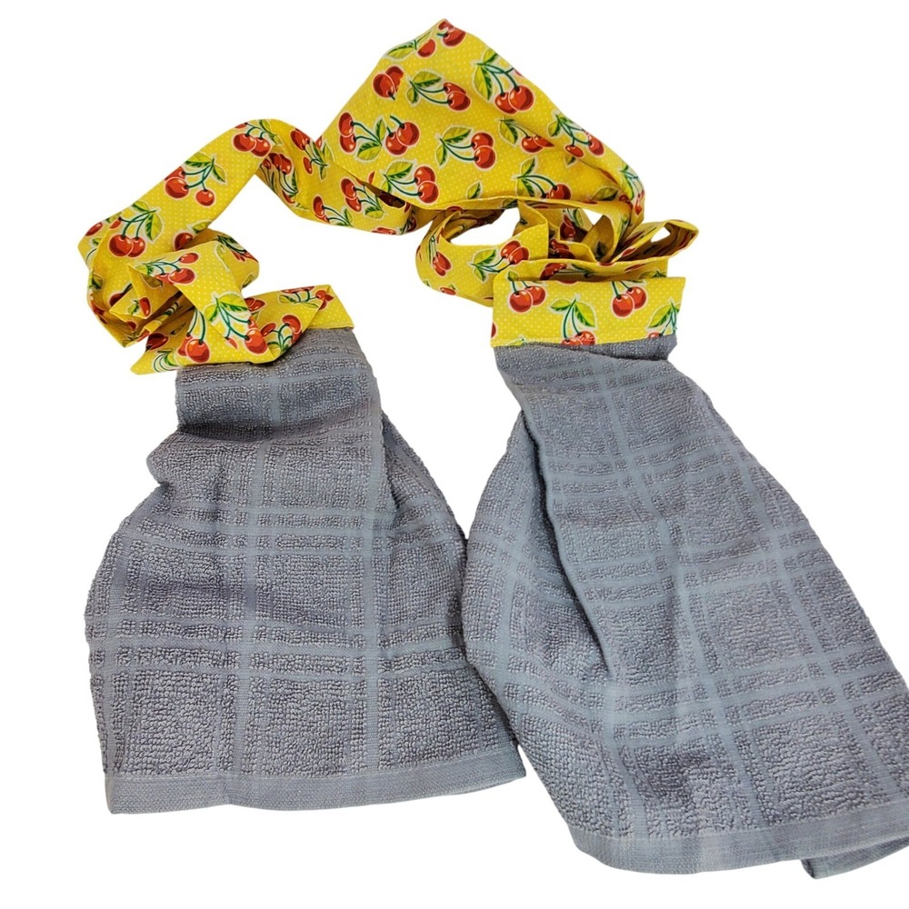 Handmade Kitchen Boa Scarf Towel Yellow Cherry Print Grey Waffle Weave 92 Inch